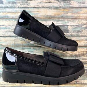Gabor Loafer Womens US 8.5 Black Suede Bow Wedge Heel Moc Toe Comfort Dress Shoe